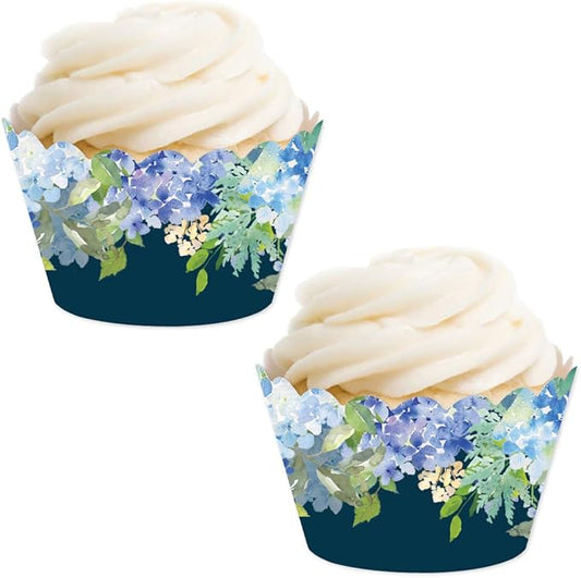Andaz Press Party Cupcake Wrapper Decorations, Baby Blue Hydrangeas on Navy Blue, 24-Pack, For Girls 1st Birthday Baby Bridal Shower Tea Party Themed Decorations