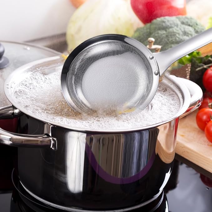 Fine Mesh Stainless Steel Colander, 2024 New Stainless Steel Fine Mesh Strainer for Oil Filter Skimming Grease and Foam, Premium Skimmer Spoon Fine Mesh Strainer with Long Handle (A-2Pcs)