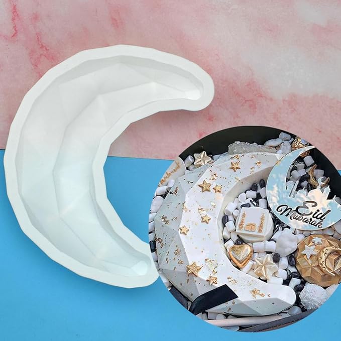 mostsom 3D Diamond Moon Silicone Mold Cake Chocolate Baking Sugarcraft Mould Fondant Decor Soap Wax Mold Big Moon Mould (Moon H_7.4X3X1.8 inch)