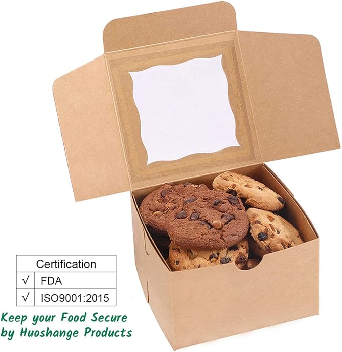 Cookie Boxes with Window 4.5x4.5x3 Inch-50 Pack Premium&Oil Resistant,Brown Bakery Box,Mini Treat Boxes for Mini Bundt Cake and Individual Cheesecakes