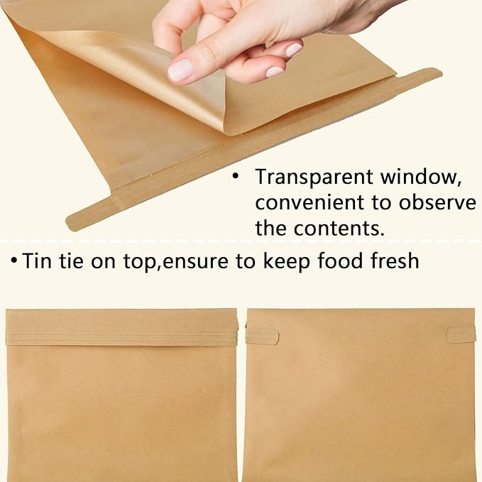 QTLCOHD 100 Pcs Bakery Bags with Window - 5.1 x 4.3 x 11 Inch Tin Tie Tab Lock Small Paper Bread Bags for Homemade Bread, Cookie, Pastry, Loaf, Treat Packaging, Brown
