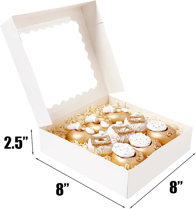 Bakepacker 55pcs White Pie Boxes 8x8x2.5 inches Easy Assemble Macaroon Bakery Boxes Cookie Boxes with Window for Bakery (Auto-pop Up)