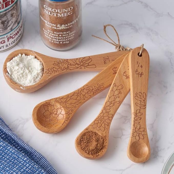 Talisman Designs Laser Etched Beechwood Measuring Spoons | Set of 4 | Succulent Design | Natural Wooden Measuring Spoons Set | Cute & Functional Kitchen Tools
