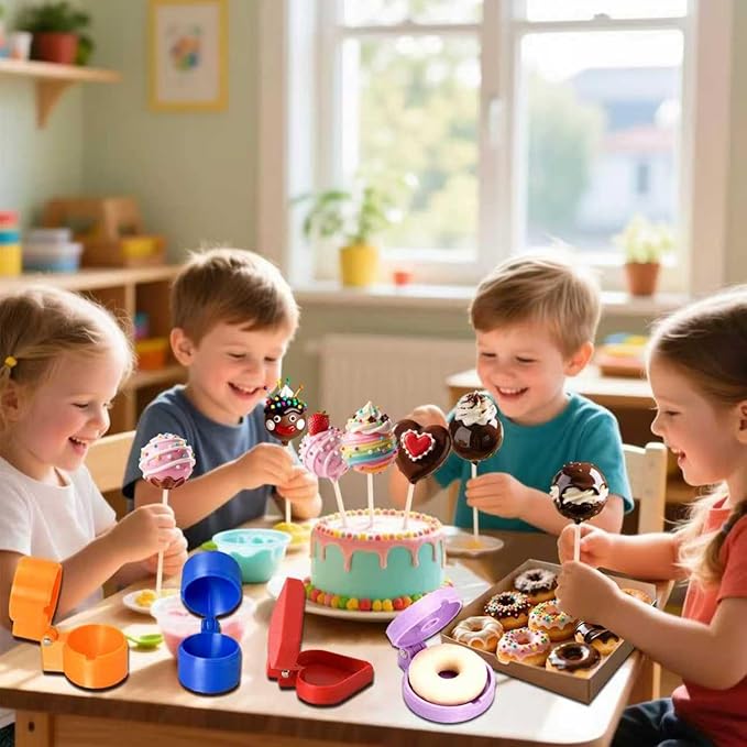 4 PCS Cake Pop Mold Press Set for Sphere, Heart & Ring Shapes - 3D Printed Cake Pop Maker with Cutter and Pusher Tool for Home Baking, Birthday Parties, Wedding Dessert