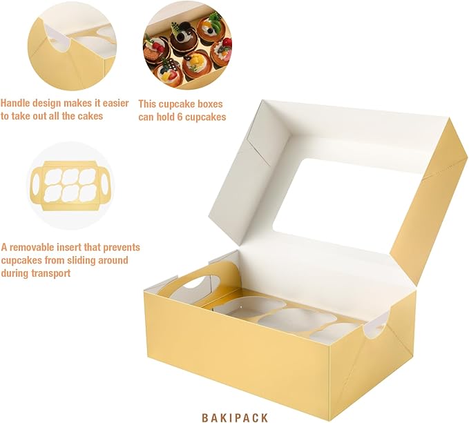 25 PCS Cupcake Boxes, Gold Cupcake Boxes 6 Count with Window and Inserts, Cupcake Holders for Cupcakes, Muffins, Cookies, Pastries