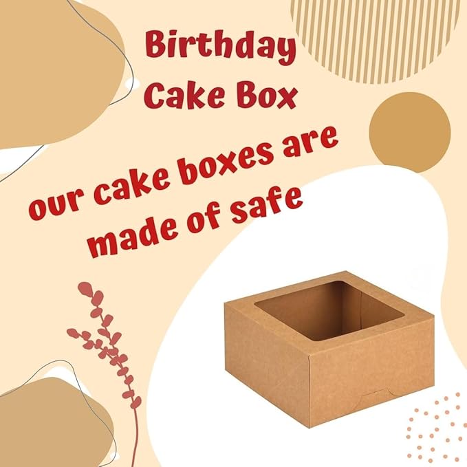 JBR & JM 5-Pack Brown Cake Boxes with Window - 10x10x5 Inches, Disposable Bakery Box for Cakes, Pastries, Desserts, Cookies - Square Cake Containers for Birthday Parties and Weddings