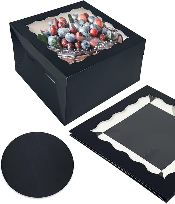 Bakepacker 12x12x8 Cake Box, 18 Sets Black Cake Box with Window ＆ 18 Sets 12" Cake Round Boards, 12inch Cake Containers, 10 Meters Silk Ribbon