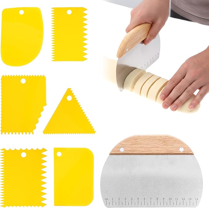 7pcs Dough Scraper Set - Bowl Scrapers for Bread Dough, Doughs Scraper, Bench Scrapers, Doughs Cutter - Yellow & Wood, Stainless Steel & Plastic