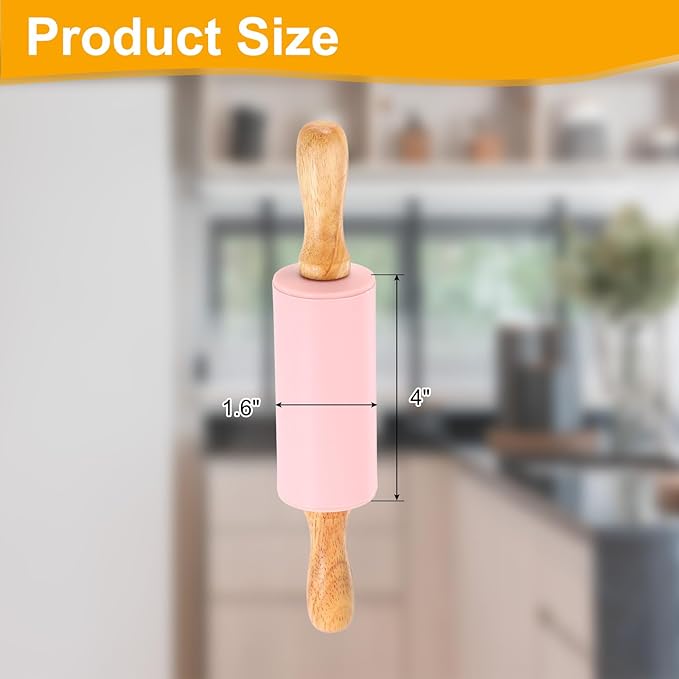 uxcell 4 Inch Silicone Rolling Pin, Small Dough Roller with Wood Handle for Pizza Pastry Fondant Kitchen, Pink
