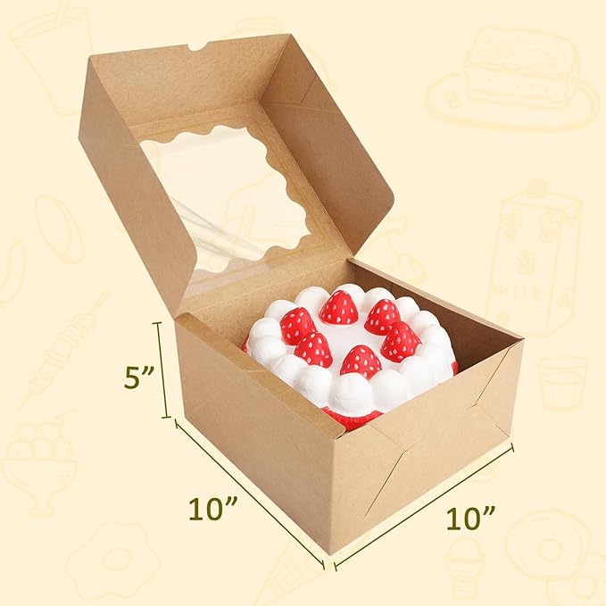 Eupako 10x10x5-Inches-Cake-Boxes-with-Window-25pcs-Brown-Bakery-Boxes for Pies, Cookies, Pastries, Chocolates, Birthday Party, Wedding