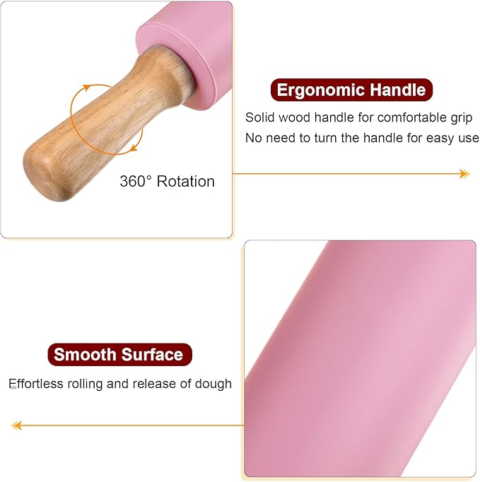 HARFINGTON Silicone Rolling Pins for Baking 17 Inch Wooden Handle Non Stick Rolling Pin Small Roller Play Dough Rolling Pins for Dough Pizza Pastry Fondant Kitchen Baking, Pink