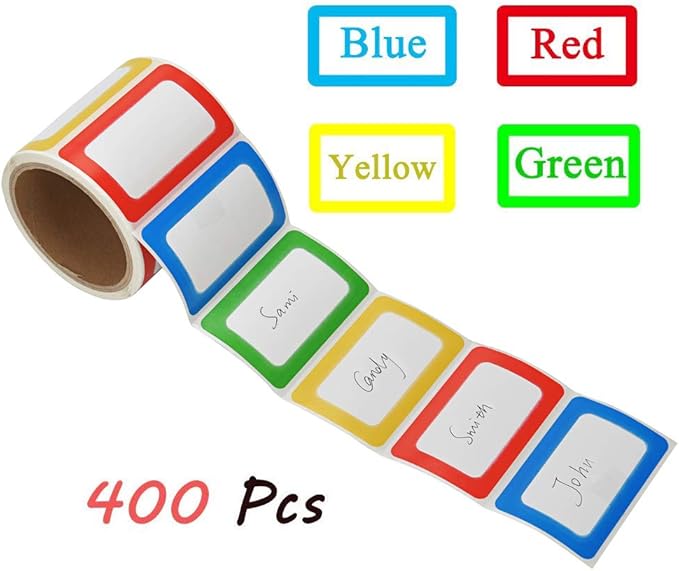 MFLABEL® 400 Colorful Name Tags - 3.5"x2.25" Kids Organization Stickers (Red/Yellow/Blue/Green) | Durable, Waterproof & Peel-Stick for School, Home, Parties | Non-Toxic Adhesive for Clothes