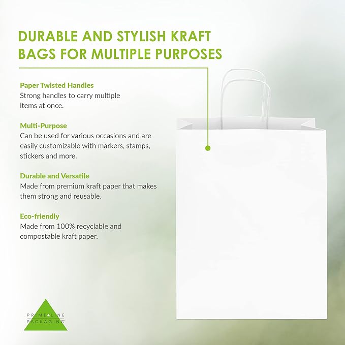Prime Line Packaging White Paper Bags, Kraft Gift Bags with Handles for Small Business, Shopping, Take-out Goodie, Bistro, Boutique, Bulk, 10x6.75x12, 100 Pack