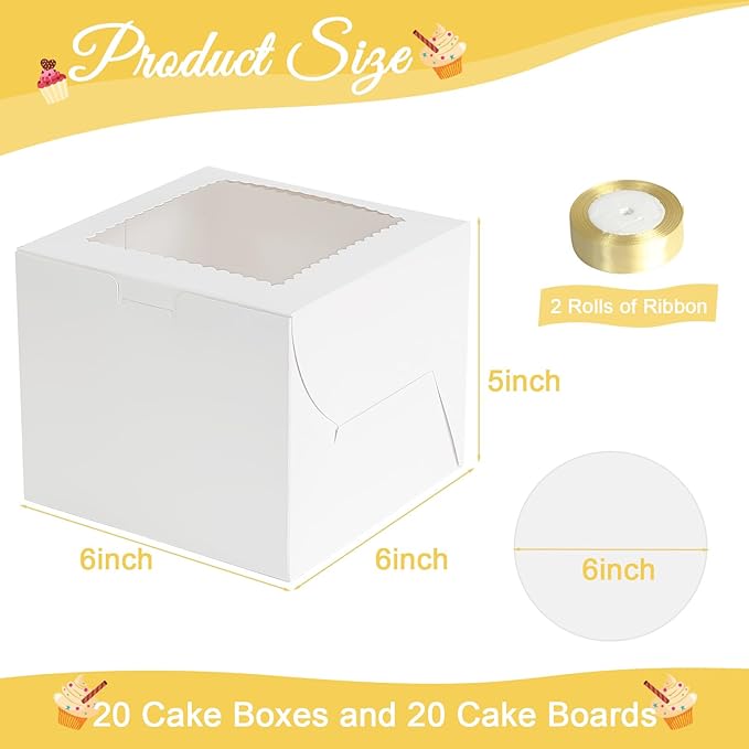 40pcs 6x6x5 Inch Mini Cake Boxes with Cake Boards Small Bakery Boxes with Window 6 Inch Bento Cake Box for Cookie Pastry Wedding Birthday Party Christmas (20 Boxes and 20 Boards, White)