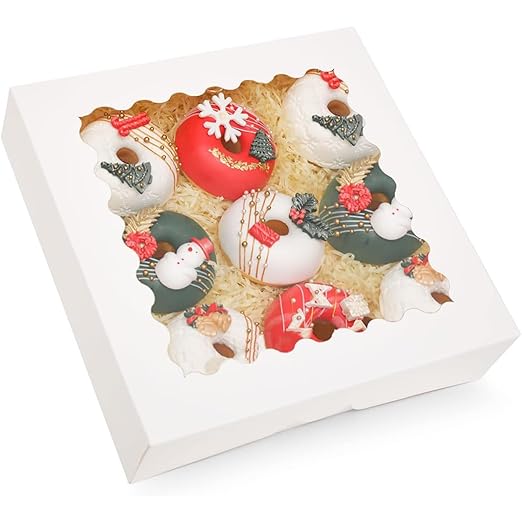 qiqee Auto-pop Up White Pie Boxes with Window 10x10x2.5 inch 20Packs Cookie Donut Bakery Box