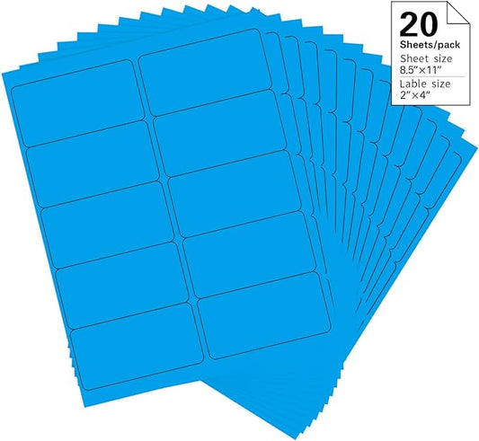 2" x 4" Colored Address Labels, 200 Bright Blue Label Stickers- Laser/Ink Jet Printer Mailing Labels, 8.5"x11" 20 per Sheet