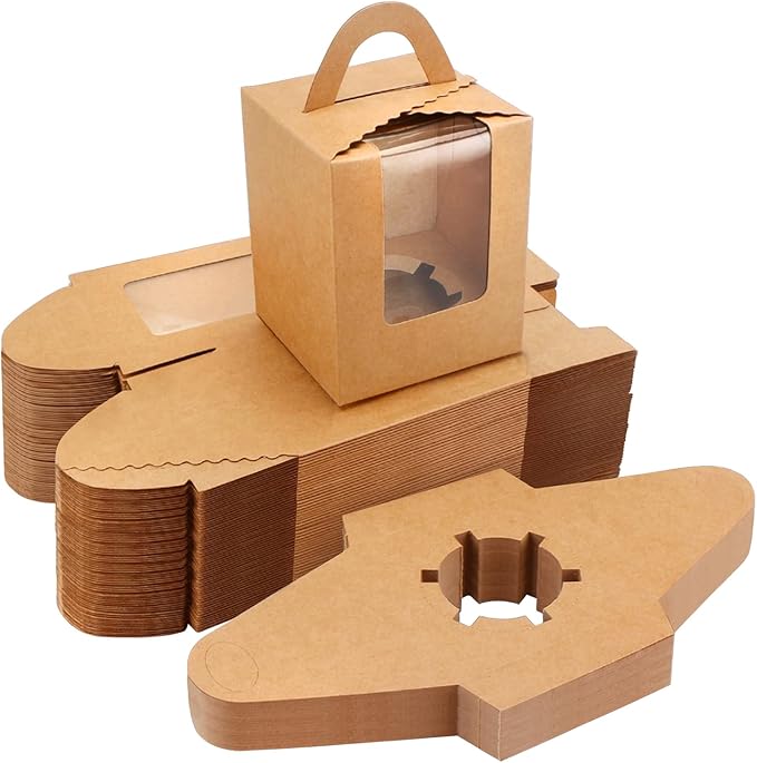 EUSOAR Cupcake Boxes Kraft Paper, 50pcs Portable Single Individual Paper Cupcake Holder Containers,Muffin Gift Boxes with Window Inserts Handle, for Wedding Birthday Party Candy Boxes