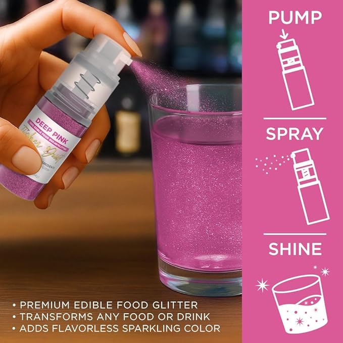 Bakell - Deep Pink Tinker Dust Edible Glitter (4g, 1x Mini Spray Pump) Food, Desserts, and Beverages!