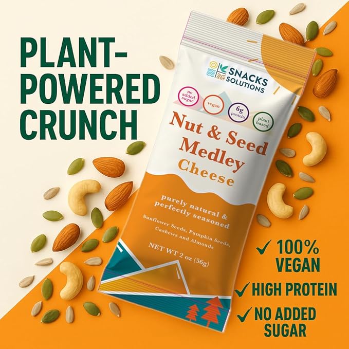 Snacks Solutions Nut and Seed Medley (2 oz - Pack of 8, Cheese) Natural, Gluten Free and Perfectly Seasoned, Sunflower Seeds, Pumpkin seeds, Cashews and Almonds