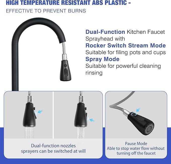 Matte Black Kitchen Sink Faucet with Pull Down Spray RV Stainless Steel Kitchen Faucet Pull Out Extension Utility Farmhouse Faucets for Sink 1 Hole Rent Apartment Dorm Single Handle