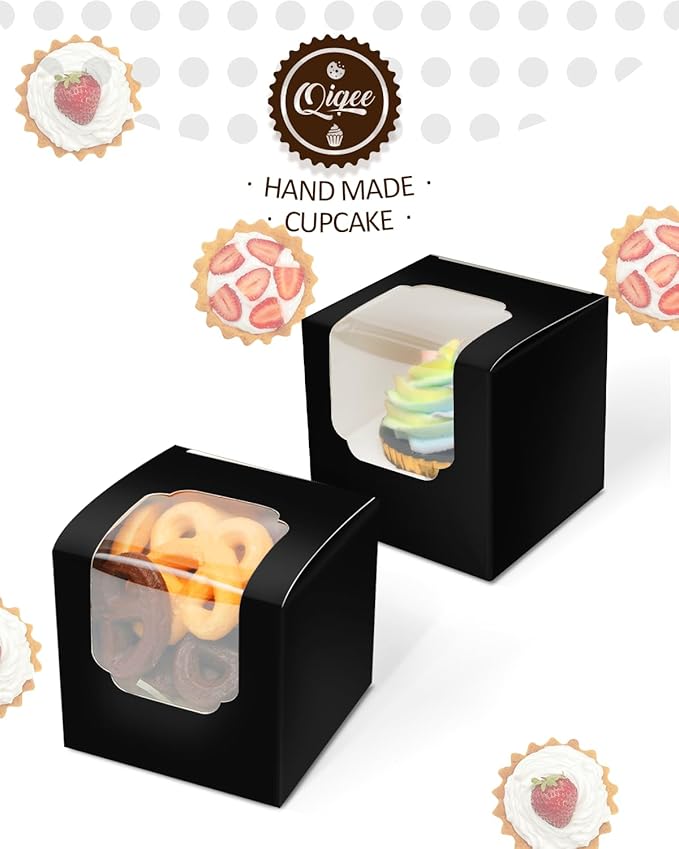 qiqee Black Cupcake Boxes Individual Cupcake Container 100pcs 3.5" x 3.5" x 3.5" Auto-Pop up Single Cupcake Boxes(100 Boxes+100 Inserts)