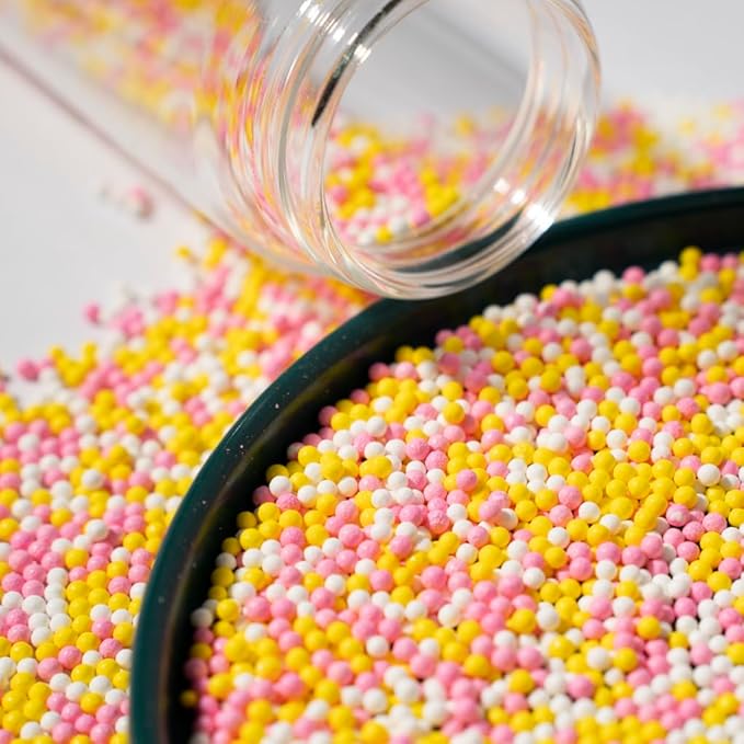 Nonpareils Sprinkles 130g/4.6oz , White Pink Yellow Edible Pearl Sprinkles for Cake Decorations, Baking, Ice Cream, Cookies, Cupcake Topper Edible Pearls Sprinkles - White Sugar Pearls for Cake Decorating 130g/4.6oz (2mm Yellow Pink)