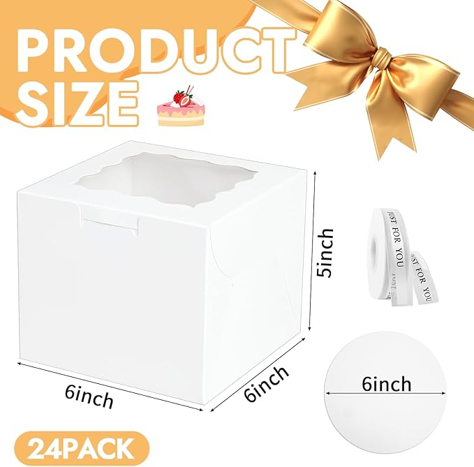 JCD 48pcs Bakery Boxes with Window,6x6x5in Small Bento Cake Box, Mini Cake Boxes sets cake within 6'' (24 Boxes & 24 Boards), Package for Pastries, Cupcakes, Birthday, Wedding(6 * 6 * 5inch/24sets)