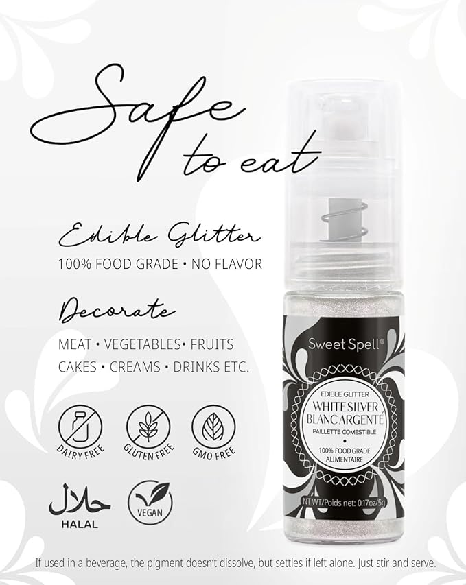 Sweet Spell Edible Cake Glitter Spray – Shimmering Magic for Cakes Decorating & Cocktails – 100% Edible, Food-Grade, Vegan, Gluten-Free (White Silver)