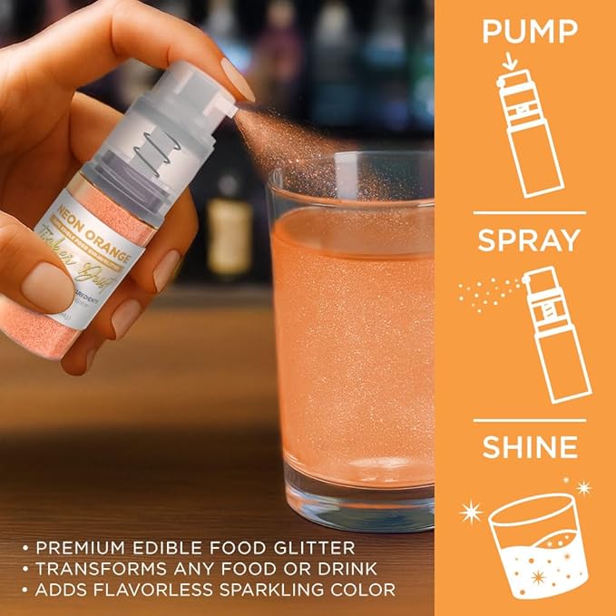 Bakell - Neon Orange Tinker Dust (4g, 1x Mini Spray Pump) Edible Glitter for Food, Desserts, and Beverages!