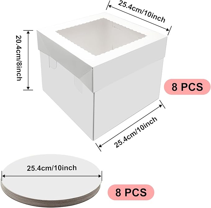 itechpanda 8 Pack Cake Boxes 10x10x8 Inches Tall Cake Box with Boards White Bakery Boxes with Window Disposable Containers with Lids for Baking Cake Donuts Cheesecake Wedding Birthday Party
