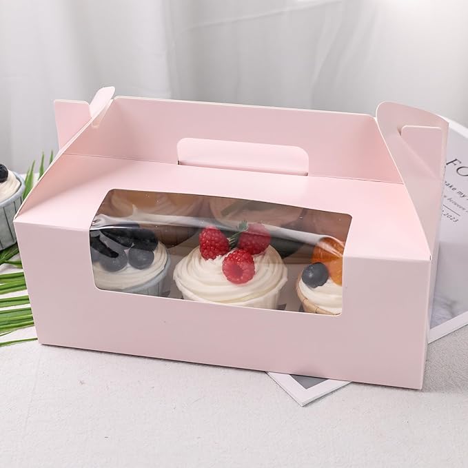 VGOODALL 6 Count Cupcake Boxes,8 Sets Pink Cupcake Containers with Window for Weeding Birthday Holiday Bakery Supplies Party Decorations 9.3" x 6" x 3.5"