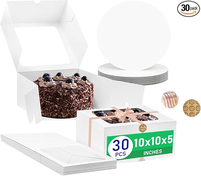 30PCS White 10x10x5 Inches Cake Box,Cake Boxes Set (60Pcs,30Pcs Boxes and 30Pcs Boards) with Cake Boards,Bakery Boxes with Clear Window for Cake,Dessert,Cookie,Birthday,Party,Wedding
