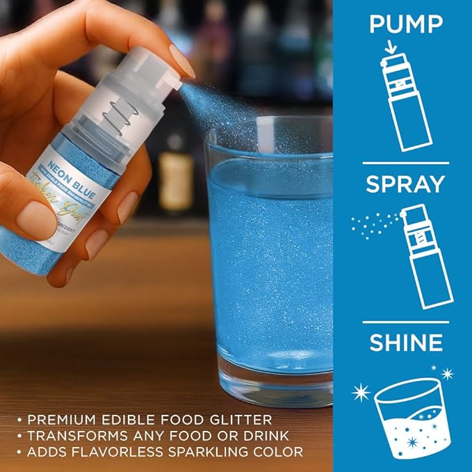Bakell - Neon Blue Tinker Dust (4g, 1x Mini Spray Pump) Edible Glitter for Food, Desserts, and Beverages!