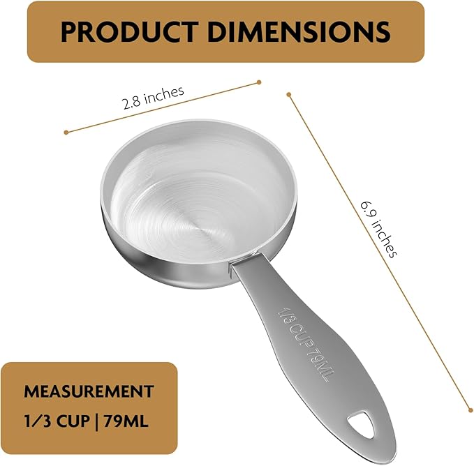 2PCS 1/3Cup(79ml) Stainless Steel Measuring Cup, Heavy-duty Single Metal Scoop for Wet and Dry Ingredients, Great Kitchen Gadgets for Cooking