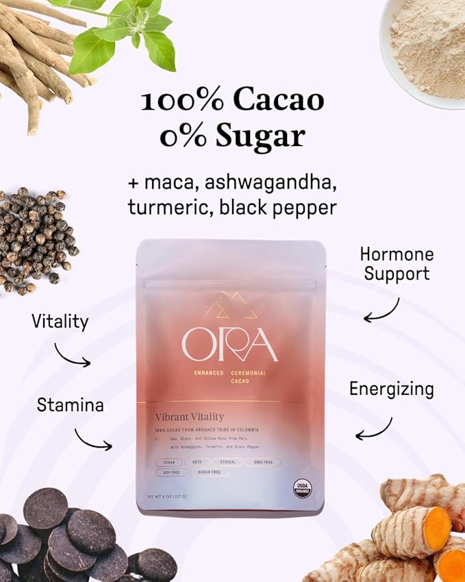 ORA Ceremonial Cacao - Vibrant Vitality - Organic 100% Cacao with Maca, Ashwagandha, Turmeric - Ethical - High Flavanol - Unsweetened - Heavy Metals Tested - 8oz