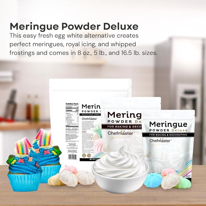 Chefmaster Meringue Powder Deluxe, Professional-Grade Egg White Substitute for Meringue Cookies, Pie Filling, Royal Icing, Non-GMO, Easy-to-Use, Made in USA, 16 oz
