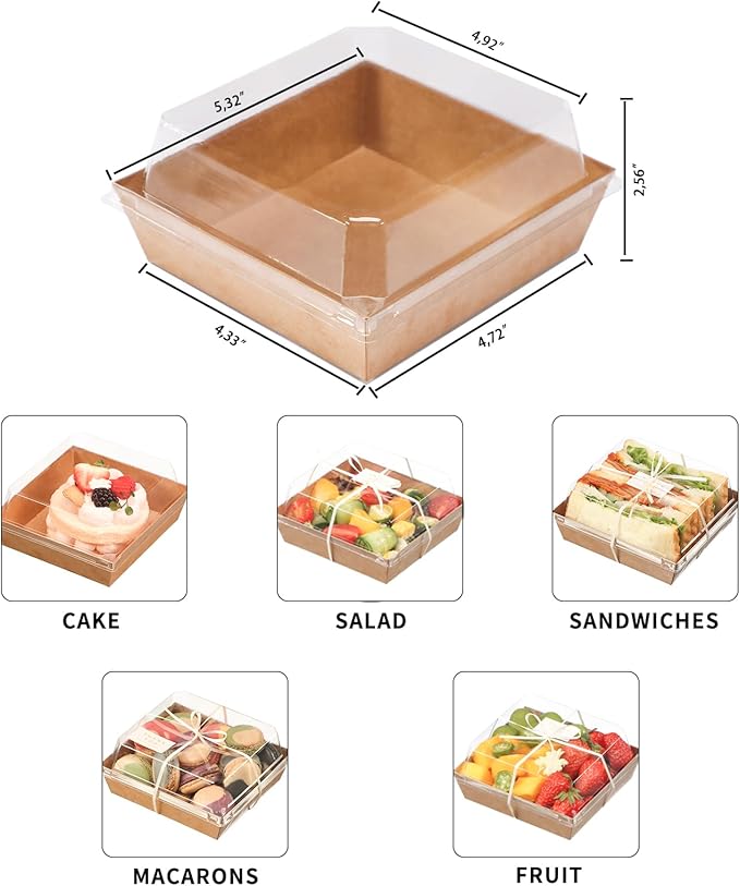 100pcs Smal Charcuterie Boxes with Clear Lids - Disposable Food Containers for Desserts,Boxes for Sandwich, Cake Slice Packaging, Fruit,Salad,Perfect for Bakery Treats,(Brown, 5.3 * 4.9 * 2.5 in)