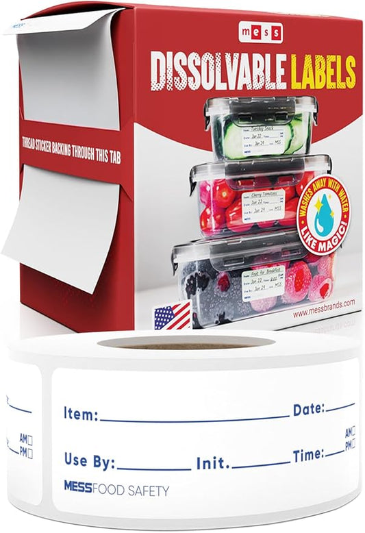 MESS Dissolvable Food Labels, 1x3, 200/Roll - Dissolves in 30 Seconds or Less - Removable Pantry, Meal Prep & Food Storage Labels – Canning & Freezer Use