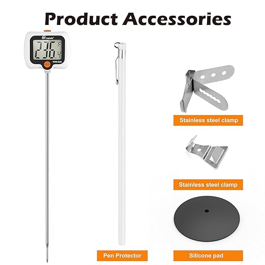 Digital Candy Thermometer with Adjustable Display, 304 Stainless Steel Probe, -58°F~572°F, Includes 2 Pot Clips & Heat-Insulating Pad for Sugar Syrup, Jam, Chocolate, Frying Oil (White)