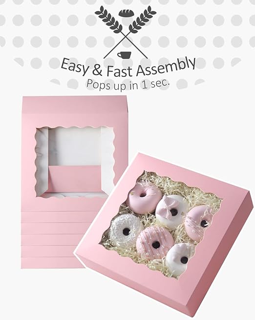 qiqee Auto-pop Up Pink Pie Boxes with Window 10x10x2.5 inch 20Packs Cookie Donut Bakery Box