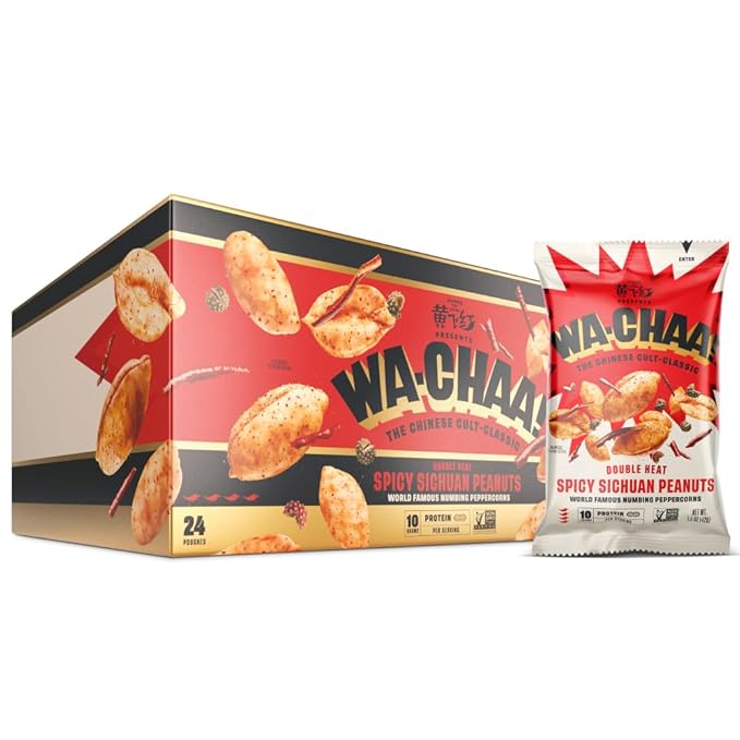 WA-CHAA! Spicy Sichuan Peanuts, Numbing Mala Peppercorns, Toasted Chili Flakes, Protein-Packed, Party Snacks, Non-GMO, On-The-Go Travel Size 1.5 Oz (24 Pack, Double Heat)