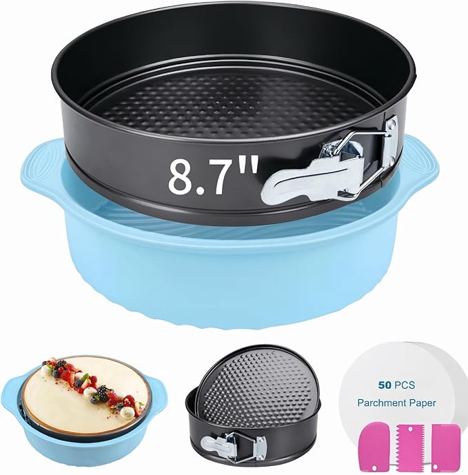 8.7 In Springform Pan, Round Leakproof Nonstick Removable Bottom Cheesecake Pan, Baking Silicone Protector with 50PCS Parchment Paper