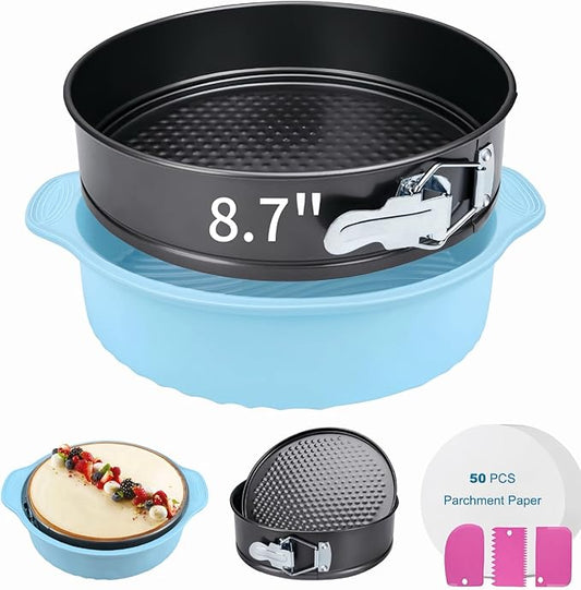 8.7 In Springform Pan, Round Leakproof Nonstick Removable Bottom Cheesecake Pan, Baking Silicone Protector with 50PCS Parchment Paper