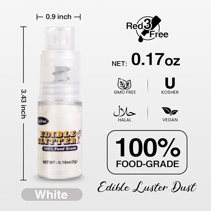 White Edible Glitter Spray 5g, Shimmer Edible Glitter for Cocktails, Food Grade Luster Dust for Beverages & Cake Decorating, Drinks, Baking, Chocolate