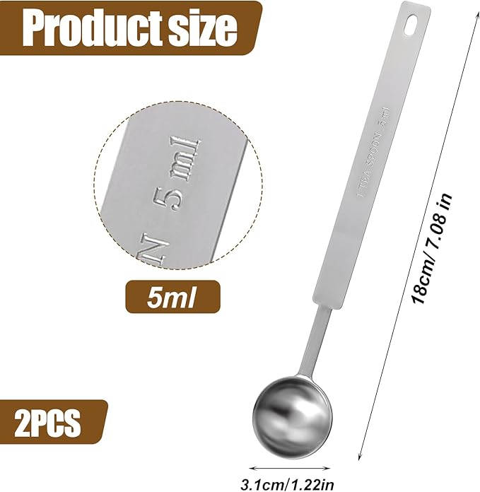 2pcs 1 Tsp Measuring Spoon,5 ML Long Handle Teaspoon Measuring Spoon,Stainless Steel 1 Tsp Teaspoon Scoop for Accurate Measure Liquid Dry Ingredients Ground Coffee, Cooking & Baking