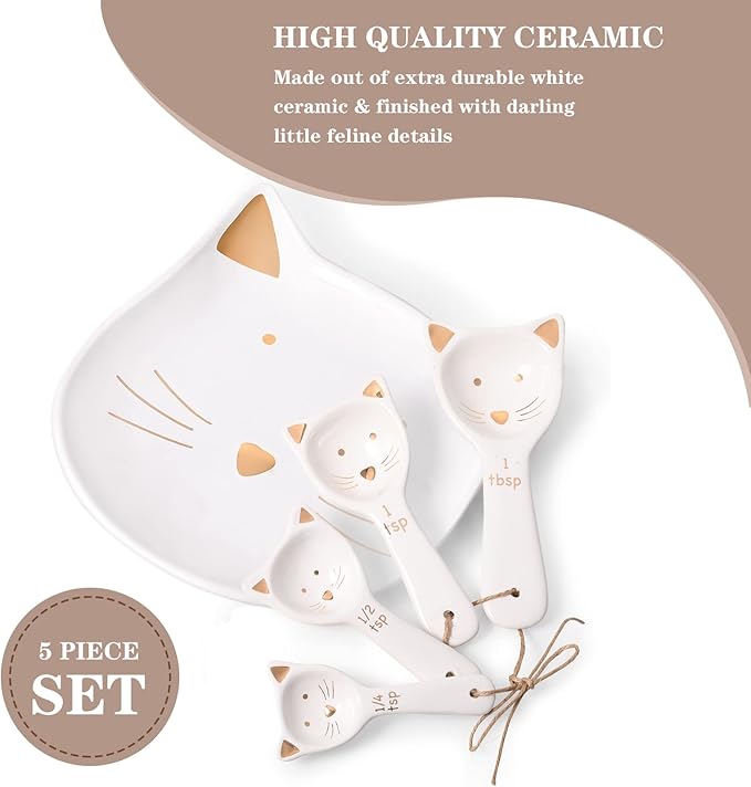Patelai 5 Pcs Cat Measuring Spoons Set Kitchen Ceramic Counter Cat Ceramic Soup Spoon for Christmas Women Gift(White)