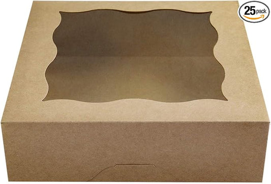 CHERRY 25-PACK 10"x10"x3"Brown Bakery Boxes with PVC Window for Pie and Cookies Boxes Large Natural Kraft Paper Box 10x10x3inch