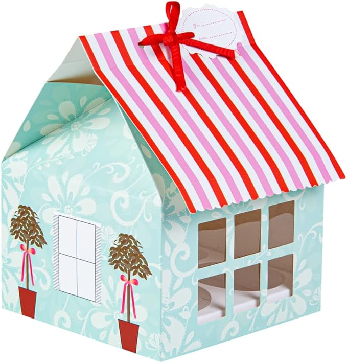 Restaurantware Pastry Tek 6 Inch x 7.8 Inch Cupcake Gift Boxes 100 Fits 4 Cupcake Favor Boxes - House Cupcake Inserts Pink And Blue Paper Treat Boxes With Window For Weddings Or Parties