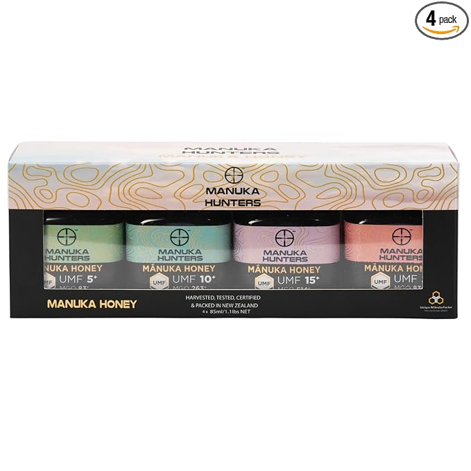 Manuka Hunters Raw New Zealand Honey Gift Set 4-Pack Honey Sampler with UMF 5+,10+,15+,20+ (250g = 85ml Each) – 100% Pure Natural Sweetener - Ideal for Tea, Coffee, Smoothies, Baking - Sustainable
