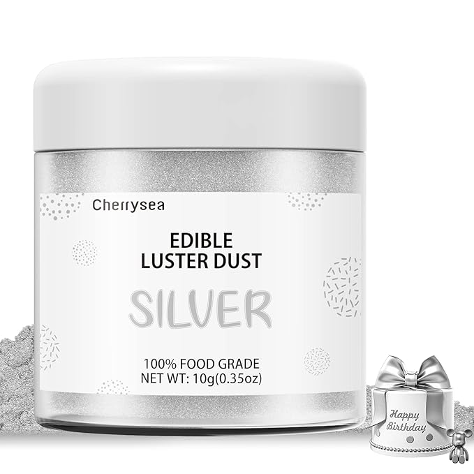 Silver Edible Luster Dust 10 Grams, Food Grade Cake Luster Dust Tasteless Dessert Dusting Powders for Baking Cherrysea Food Coloring Powder for Cupcakes, Cake Pops,Fondant,Chocolate, Candy